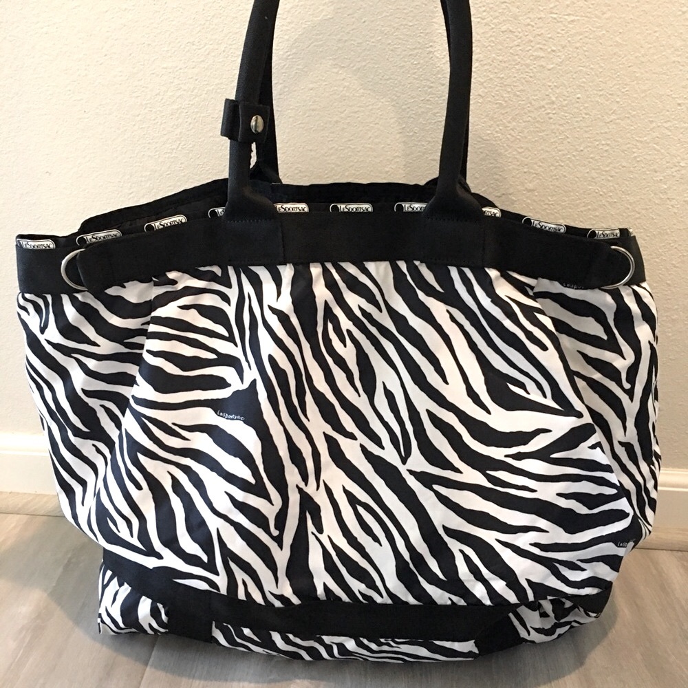 NEW lesportsac black zebra animal print large travel tote